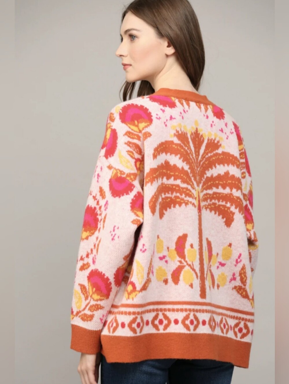 Fate Floral Palm Tree Jacquard Oversized Cardigan Sweater XS Boho